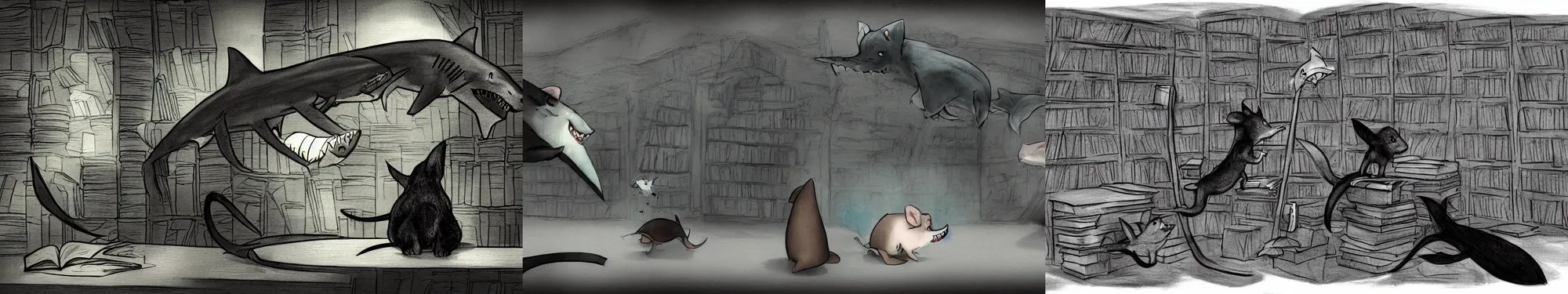 Prompt: a mouse and a shark and a black dog in a library, concept art, draft, style of silverfox