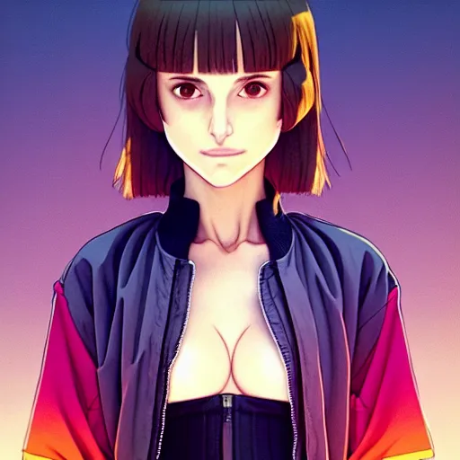 Image similar to a beautiful! boyish! natalie portman alluring gravure! model, wearing oversized mayan bomber jacket and leotard with overalls, bulky poofy bomber jacket with mayan patterns, gapmoe yandere grimdark, trending on pixiv fanbox, painted by greg rutkowski makoto shinkai takashi takeuchi studio ghibli, akihiko yoshida