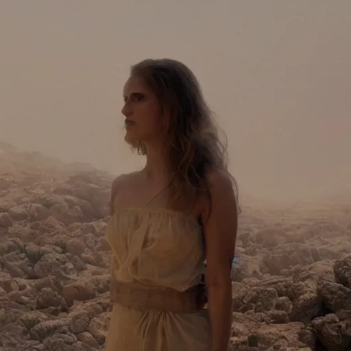 Prompt: The full body shot of beautiful pale woman with white flowers and full-face golden mask in a rocky desert landscape, smoke around her, volumetric lighting, multiple eyes and dry earth by Denis Villeneuve, Lubezki, Gaspar Noe and Christopher Doyle, anamorphic lens, anamorphic lens flares, kodakchrome, cinematic composition, practical effects, award winning photo, 8k