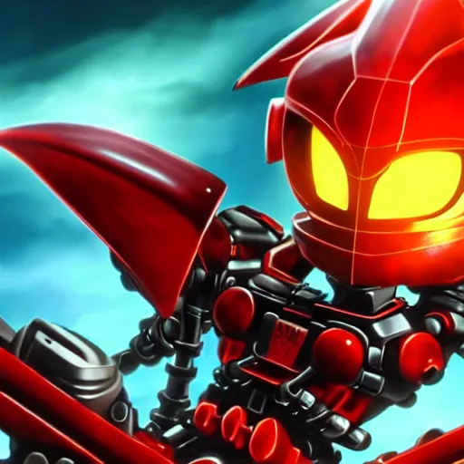 Image similar to highly detailed exquisite fanart, of Makuta Antroz from Bionicle, but as an anime girl with Golden Eyes and Red Hair, red metal armor, close-up shot, bat wings, epic cinematic shot, professional digital art, high end digital art, singular, realistic, captura, DeviantArt, artstation, Furaffinity, 8k HD render