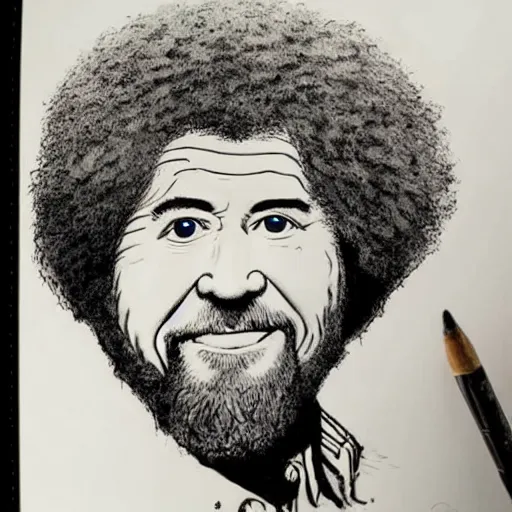 Image similar to bob ross in a portrait, drawn in ink by ralph steadman