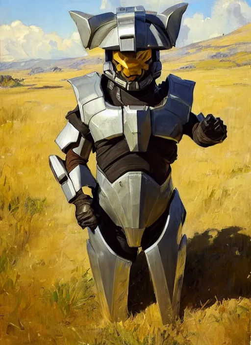 Prompt: Greg Manchess painting of a humanoid Corgi wearing Forerunner Armor from Halo, countryside, calm, fantasy character portrait, dynamic pose, above view, sunny day, artwork by Jeremy Lipkin and Giuseppe Dangelico Pino and Michael Garmash and Rob Rey, very coherent asymmetrical artwork, sharp edges, perfect face, simple form, 100mm