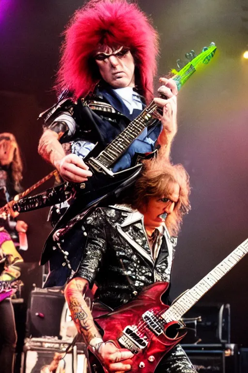 Prompt: saul goodman in a rock band, glam rock makeup, shredding playing guitar, hd image, on stage