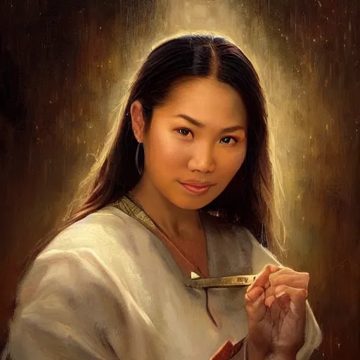 Image similar to portrait of an philipino woman ( 3 5 ) from the philippines in 2 0 2 1, an oil painting by ross tran and thomas kincade