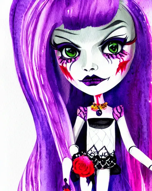 Image similar to watercolor portrait of monster high draculaura doll, by darkodordevic, blanca alvarez, liu yi, watercolor