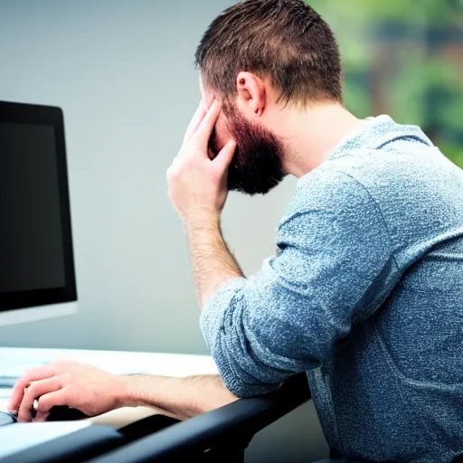 Prompt: detailed photorealistic a man sitting while crying because stuck in front of his computer because programming. bokeh and cinematic