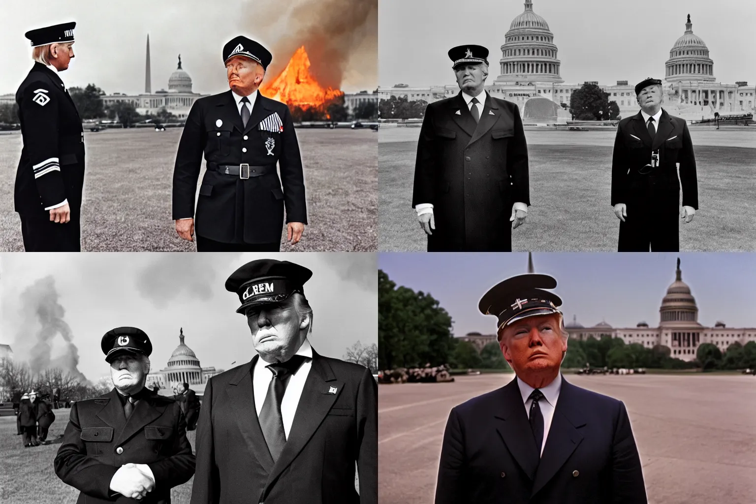Prompt: photograph of Donald Trump wearing black german Reichsführer WWII outfit, off-camera flash, canon 35mm lens f8 aperture, color Ektachrome photograph, background is united states capitol building on fire