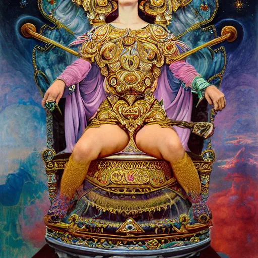 Prompt: Realistic painting of beautiful high cosmic magic fantasy priestess woman in detailed ornate costume, sitting on a throne in a throne room in a palace dramatic lighting, high-detailed oil painting by Ilya Repin, William Blake, Michelangelo da Caravaggio, Alex Grey and Beksinski, masterpiece, 4k