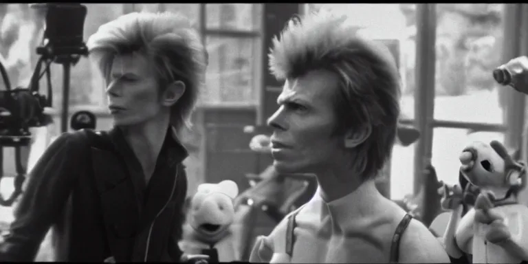 Prompt: Cinematography of Heroes era David Bowie in 1981 shot on a 9.8mm wide angle lens on the set of The Muppet Movie