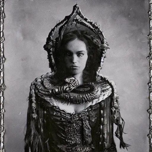 Image similar to tintype ambrotype daguerreotype of a cthulhu priestess adorned in occult jewelery with tentacle hair. emerging walking out of a baroque frame. striking face.