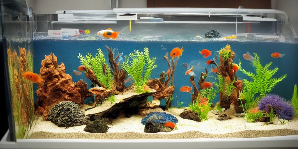 Prompt: fish tank in hospital waiting room. newt. plasticine models in. gravel. [ [ siamese ] ] fighter fish. sand. stop motion. john craxton.