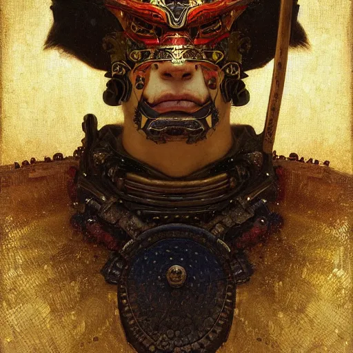 Prompt: highly detailed oil painting | very intricate | cinematic lighting | award - winning | a mosaic of oni samurai masks | by roberto ferri, by tom bagshaw, by j. c. leyendecker and klimt, beautiful cinematic light, american romanticism, by austin osman spare, artstation, cgsociety, official art, octane