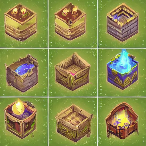 Image similar to a fantasy game tile set, isometric, 8k