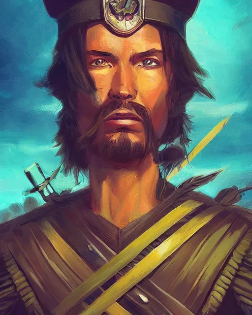 Prompt: digital painting of a conquistador in battle by rossdraws and anato finnstark and dan mumford, treasure island movie color scheme, symmetric, facial features, detailed, intricate, portrait, trending on artstation, masterpiece