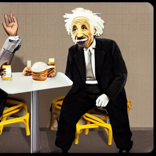 Prompt: Einstein and Obama taking a shit on table at McDonalds, ultra detailed, photorealistic, dramatic lighting