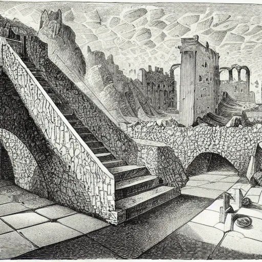 Image similar to an etching illustration of a strange underground endless stone chamber with staircases, arches, and portcullises fading into the distance, by Piranesi and M.C. Escher