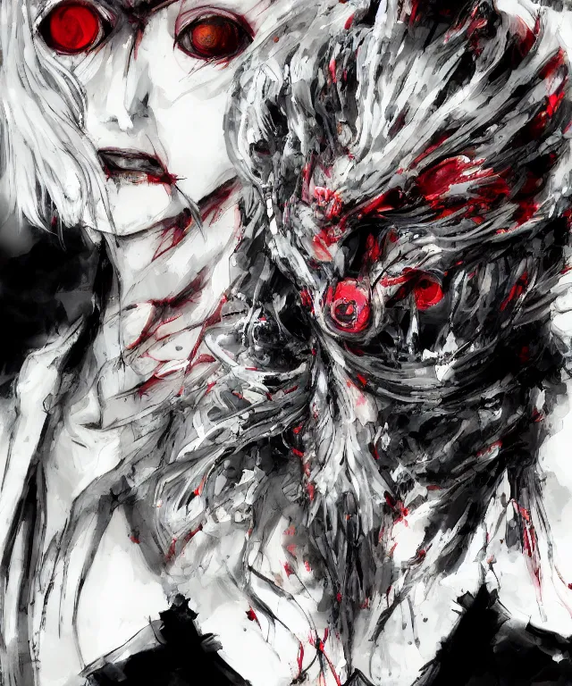 Prompt: ghoul, kakuja, tokyo ghoul, collaborative painting by greg ruthowski, sui ishida, yoshikata amano, yoji shinkawa, highly detailed, complex, exquisite and beautiful, 4 k, 8 k, artstation