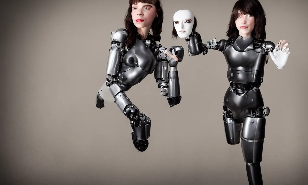 Image similar to full body photo of a woman with human face and robot body, robot body, steel body, human face, cyborg body