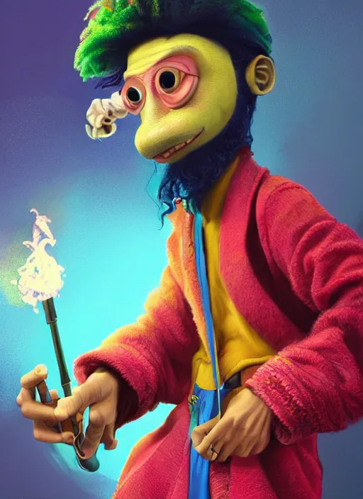 Prompt: an anthropomorphic beautiful male wizard portrait holding bazooka wearing colourful robe, dreadlock breed hair, fine art, award winning, intricate, elegant, sharp focus, octane render, hyperrealistic, cinematic lighting, highly detailed, digital painting, 8 k concept art, art by jamie hewlett masterpiece, trending on artstation, 8 k