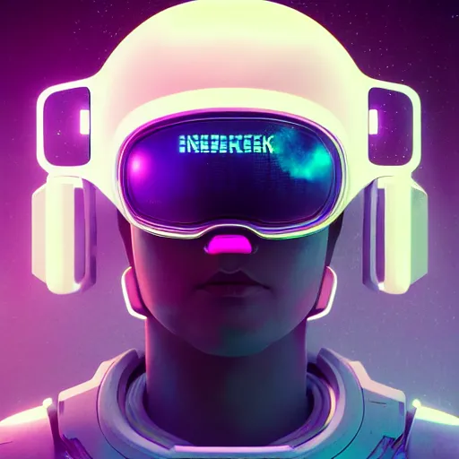 Image similar to cyberpunk cool bot, cinema 4 d, galaxy, ufo, space sci - fi, wearing vr goggles, illustration, portrait, pastel neon textured background night, trending on artstation, greg rutkowski, octane rendered, 1 2 k, detailed,