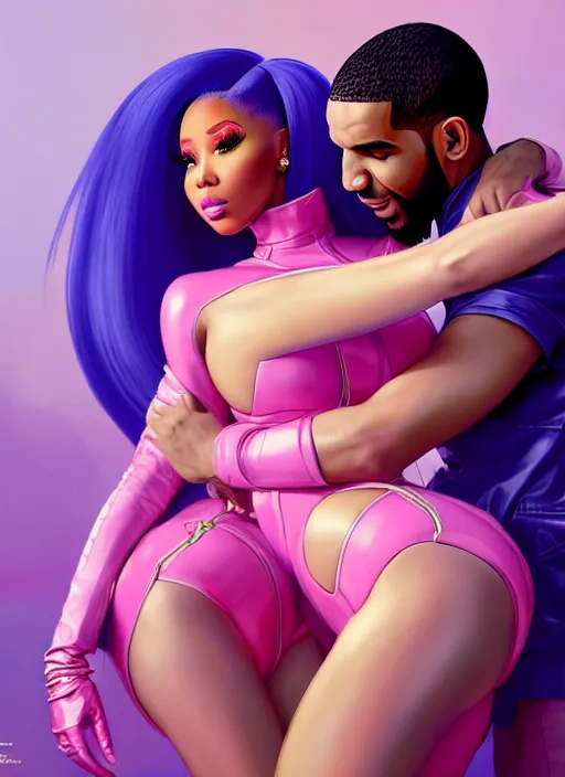 Prompt: nicki minaj embraces drake as they pose for a model brand, evangelion, au naturel, hyper detailed, digital art, trending in artstation, cinematic lighting, studio quality, smooth render, unreal engine 5 rendered, octane rendered, art style by klimt and nixeu and ian sprigger and wlop and krenz cushart