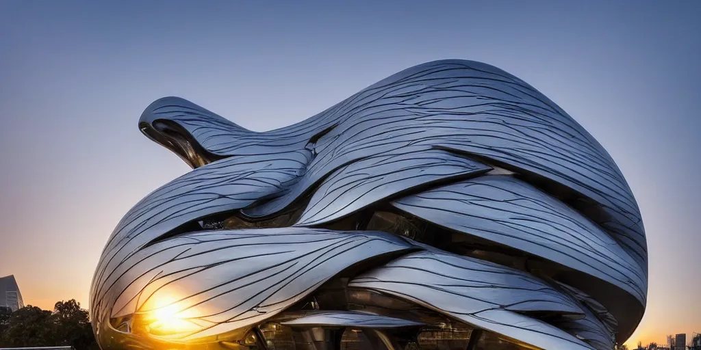 Image similar to extremely detailed ornate stunning sophisticated beautiful elegant futuristic museum exterior by Zaha Hadid, Milan buildings in the background, stunning volumetric light, stainless steal, concrete, translucent material, beautiful sunset, tail lights