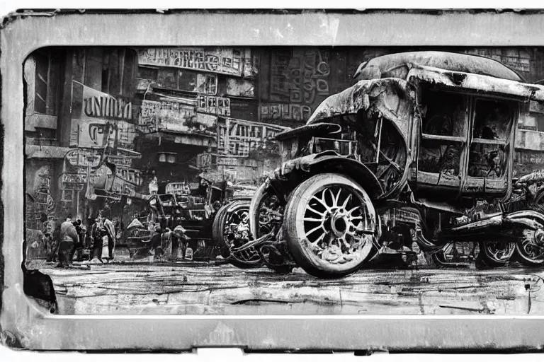 Image similar to cyberpunk 1 9 0 8 model ford t by paul lehr, jesper ejsing, metropolis, parked by view over city, vintage film photo, robotic, damaged photo, scratched photo, silent movie, black and white photo