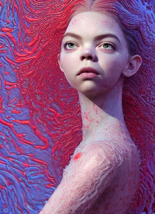 Prompt: hyper detailed 3d render like a Oil painting - very coherent Concrete displacement mapped profile subsurface scattering (a beautiful fae princess protective playful expressive from dark crystal that looks like Anya Taylor-Joy) seen red carpet photoshoot in UVIVF posing in caustic light pattern pool of water to Eat of the Strangling network of yellowcake aerochrome and milky Fruit and His delicate Hands hold of gossamer polyp blossoms bring iridescent fungal flowers whose spores black the foolish stars by Jacek Yerka, Ilya Kuvshinov, Mariusz Lewandowski, Houdini algorithmic generative render, golen ratio, Abstract brush strokes, Masterpiece, Victor Nizovtsev and James Gilleard, Zdzislaw Beksinski, Tom Whalen, Mark Ryden, Wolfgang Lettl, hints of Yayoi Kasuma and Dr. Seuss, Grant Wood, octane render, 8k