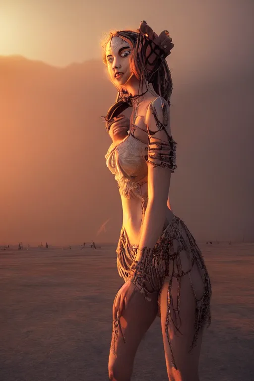 Prompt: a photo of a girl a burning man festival, powerful, cinematic, beautifully lit, by artgerm, by craig mullins, by galan pang, 3 d, trending on artstation, octane render, 8 k