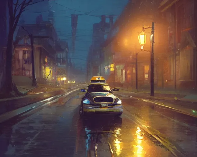 Image similar to one single taxi cab driving down a rainy country road, gaslight, street lamps. Anime, By Makoto Shinkai, Stanley Artgerm Lau, WLOP, Rossdraws, James Jean, Andrei Riabovitchev, Marc Simonetti, krenz cushart, Sakimichan, trending on ArtStation, digital art.