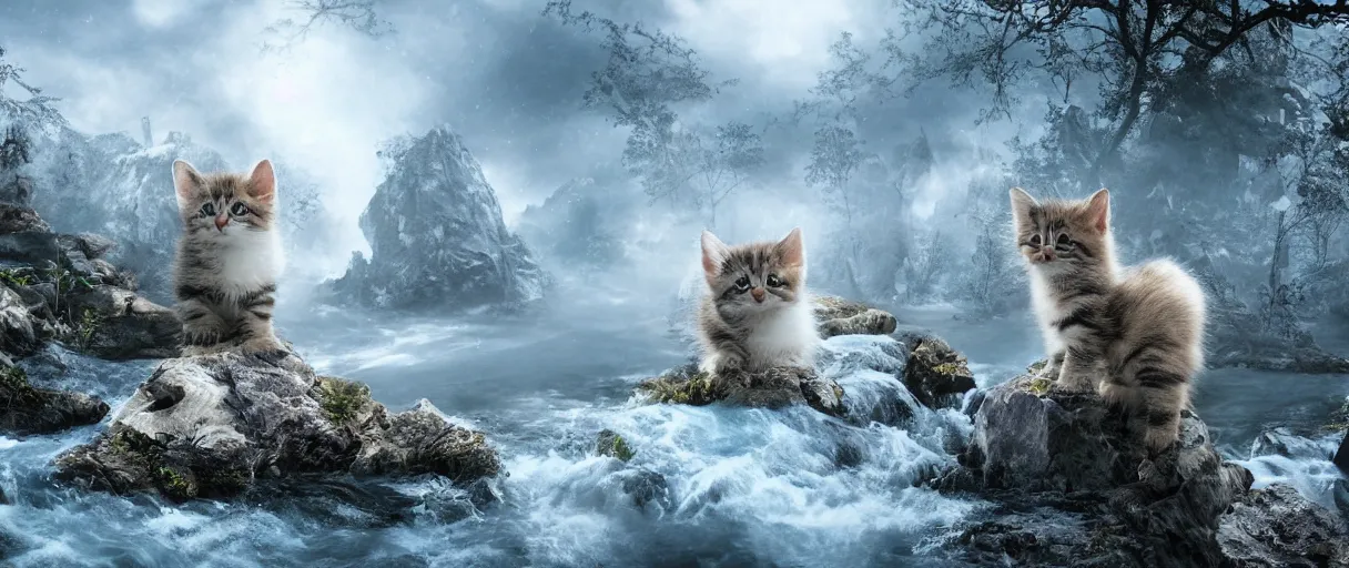 Prompt: Kitten army realistic 4k fantasy world water trees mountains ice snow fog