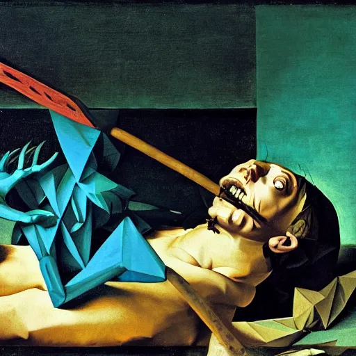 Prompt: low poly painting by caravaggio of a drowned zombie holding a trident with glowing cyan eyes, wearing ragged clothing, holding a trident, underwater, pastel green and blue color palette
