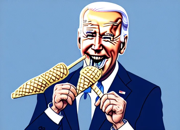 Image similar to political cartoon, joe biden eating an ice cream cone, white background, realistic, detailed