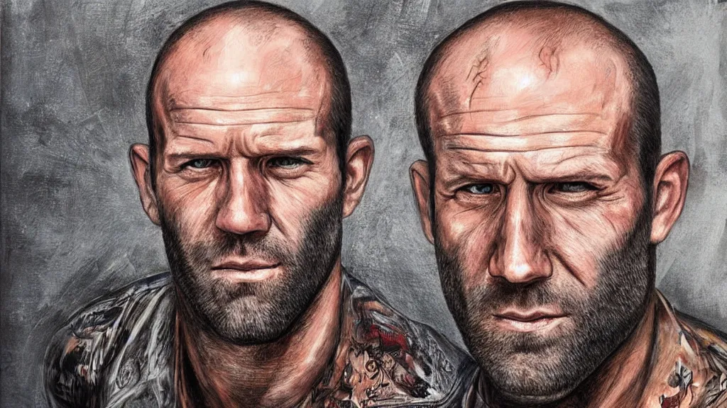 Prompt: ranchpunk tormented detailed portrait of jason statham at elderly age of 1 0 5