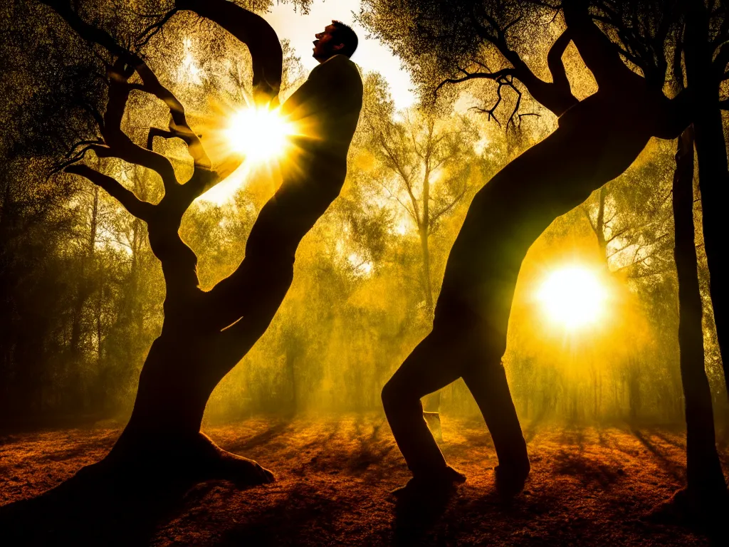 Prompt: award - winning color photo of a man transforming into a tree, a blinding sun in the background, the soil is on fire, chiaroscuro, awe, terror, beauty