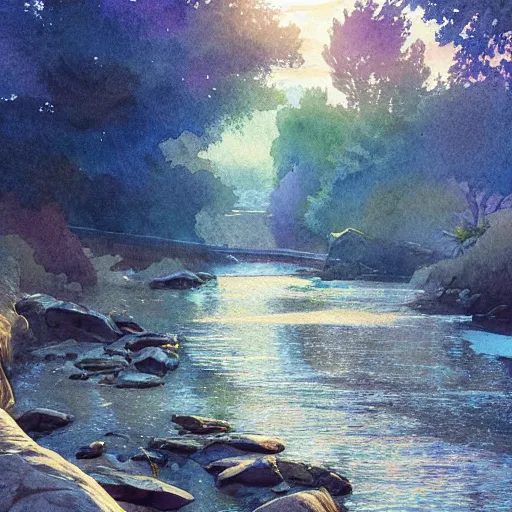 Image similar to River leading into a sunset, Watercolor, photorealistic, high resolution, award winning, trending on artstation, intricate, elegant, highly detailed, digital painting, artstation, concept art, smooth, sharp focus, illustration, art by artgerm and greg rutkowski and alphonse mucha