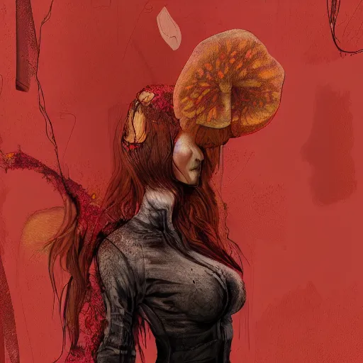 Image similar to detailed half body digital art for a game of a beautiful woman wearing ragged and ruined clothes merged with mushrooms. the background is pure red. dramatic camera angle