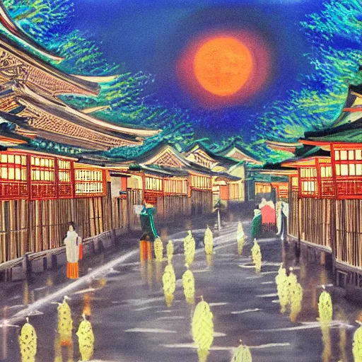 Prompt: a beautiful painting of the lantern festival in old kyoto