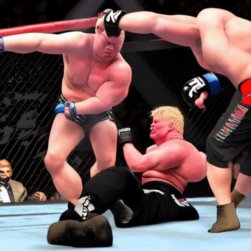 Prompt: geert wilders choking brock lesnar in mma, hyper realistic with detailed shadows