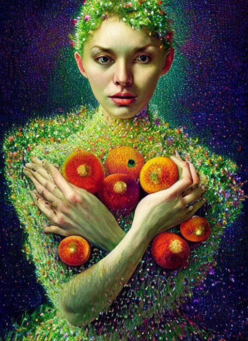 Image similar to hyper detailed 3d render like a Oil painting - Aurora (Singer) Eats of the Strangling Fruit and Her Hands full of gossamer polyp blossoms bring iridescent fungal flowers whose spores black the foolish stars by Jacek Yerka, Mariusz Lewandowski, Houdini algorithmic generative render, Abstract brush strokes, Masterpiece, Edward Hopper and James Gilleard, Zdzislaw Beksinski, Mark Ryden, Wolfgang Lettl, hints of Yayoi Kasuma, octane render, 8k