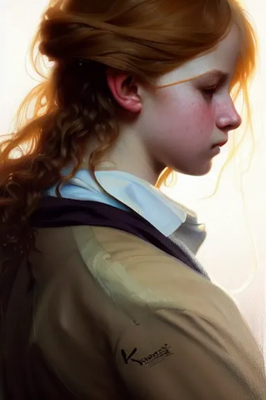 Image similar to portrait of a scottish teenage girl with dirty blonde hair, glowing skin, intelligent face, school uniform, intricate, elegant, dress shirt, highly detailed, digital painting, artstation, concept art, smooth, sharp focus, illustration, art by Krenz Cushart and Artem Demura and alphonse mucha