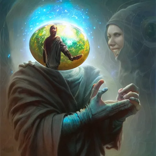 Image similar to the creator of worlds wearing a cloak and holding a holographic planet projection in his hand, detailed, sci - fi, digital painting, artstation, sharp focus, illustration, ominous, artgerm, tomasz alen kopera, peter mohrbacher, donato giancola, joseph christian leyendecker, wlop, frank frazetta