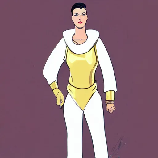 Image similar to character concept art of stoic heroic emotionless handsome blond butch tomboy woman with very short slicked-back hair, no makeup, in princely white and gold masculine satin jumpsuit with gold cape and boots, science fiction, atompunk, illustration