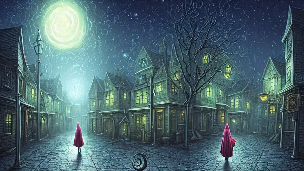 Prompt: lady dressed in long hooded cloak walks in empty lovecraftian town square surrounded by houses and inns.. cthulhu statue.. lovecraftian city at night by cyril rolando and naomi okubo and dan mumford and ricardo bofill.. lovecraft.. cobbled streets.. oil lamp posts.. lovecraftian.. starry night swirly sky.