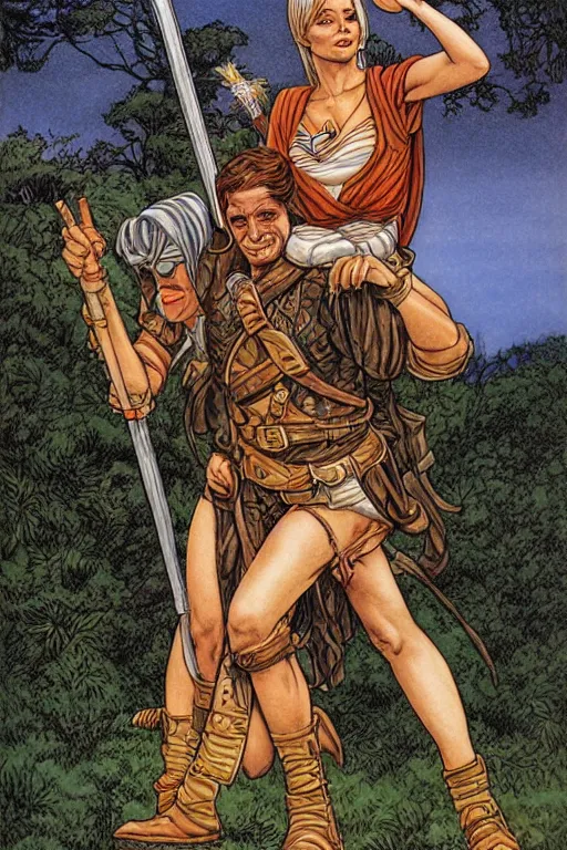 Prompt: A beautiful human woman carrying her halfling husband by larry Elmore