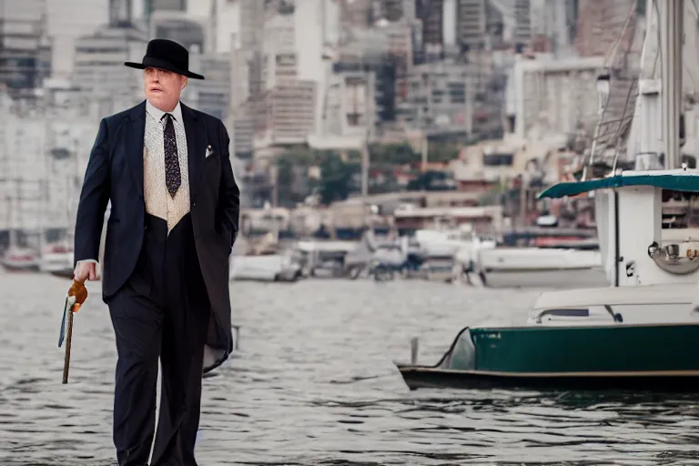 Image similar to cinematic still of portly clean-shaven white man wearing suit and necktie and boater hat, XF IQ4, f/1.4, ISO 200, 1/160s, 8K, RAW, dramatic lighting, symmetrical balance, in-frame