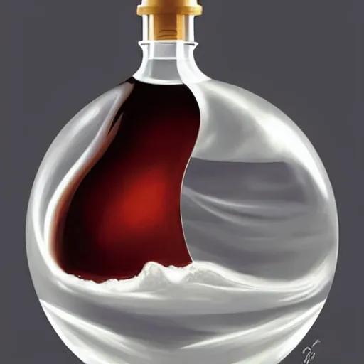 Prompt: concept art of a magic ivory liquid in a transparent round bottle, black top, by gil elvgren, white tones, white background, digital painting, artstation, concept art, smooth, sharp foccus ilustration hq
