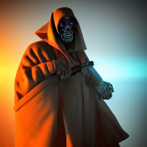 Image similar to atompunk grim reaper, character design, high quality digital art, render, octane, redshift, volumetric lighting, oled