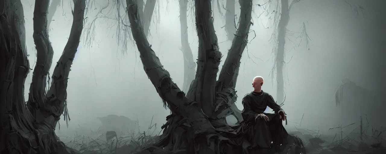 Image similar to duotone noir illustration close up of bald merchant demon sitting below willow tree in medieval brown tunic. foggy evening. dark dream atmosphere with volumetric hellish lighting, by sachin teng and sergey kolesov and ruan jia and heng z. graffiti art, scifi, fantasy, hyper detailed. octane render. concept art. trending on artstation