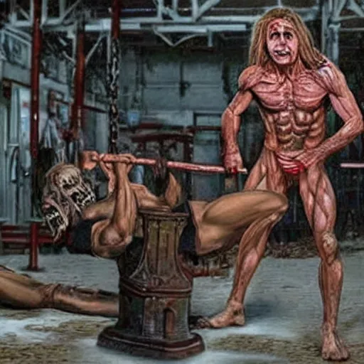 Image similar to hyperrealistic news footage of Eddie from Iron Maiden with the body of a decaying bodybuilder in a supernatural scene